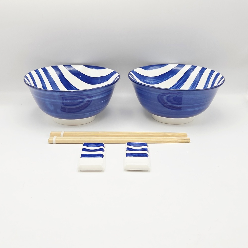 Brandani Italy 8pc Ramen Noodle Soup Bowl Set of 2 Blue Porcelain w/ Chopsticks